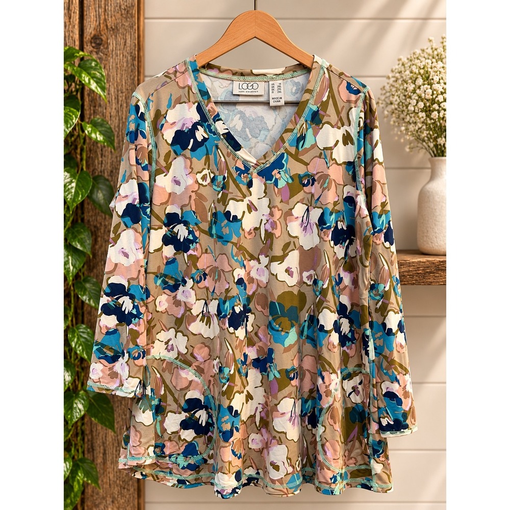 LOGO Lori Goldstein Floral V-Neck Tunic Top 1X Tan Blue 3/4 Sleeve Pockets